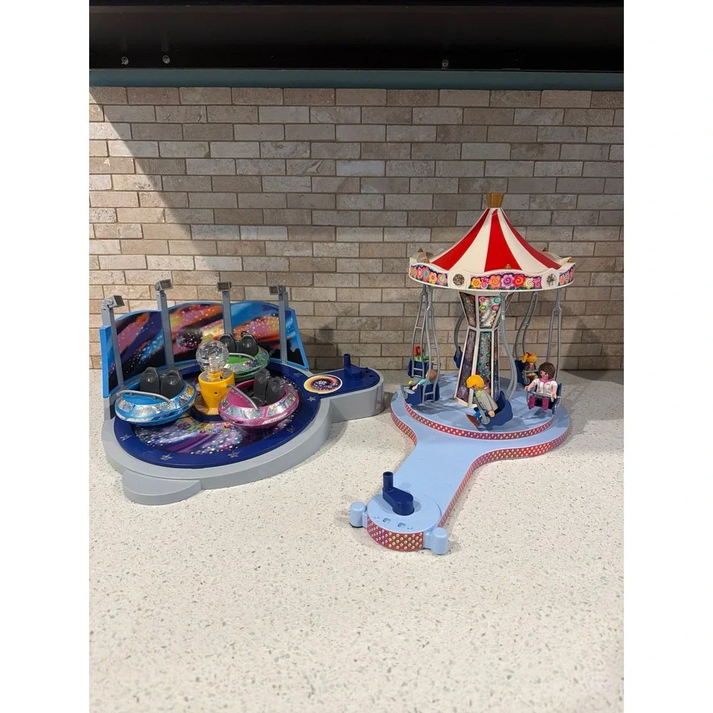 Playmobil Amusement Park Rides Lot Swing Carousel Space UFO Ride Lights Work